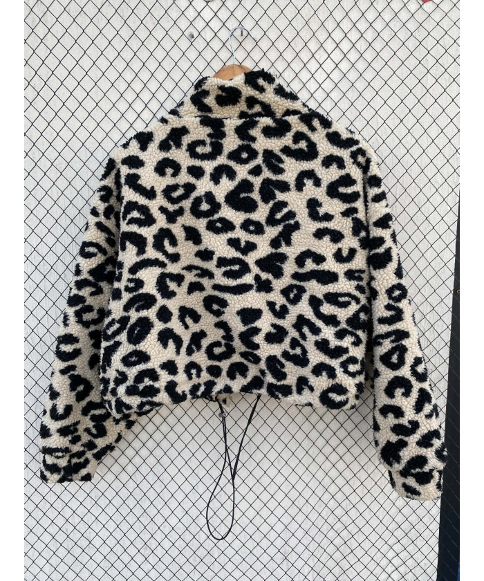 Leopard printed, teddy, crop, zipper jacket
