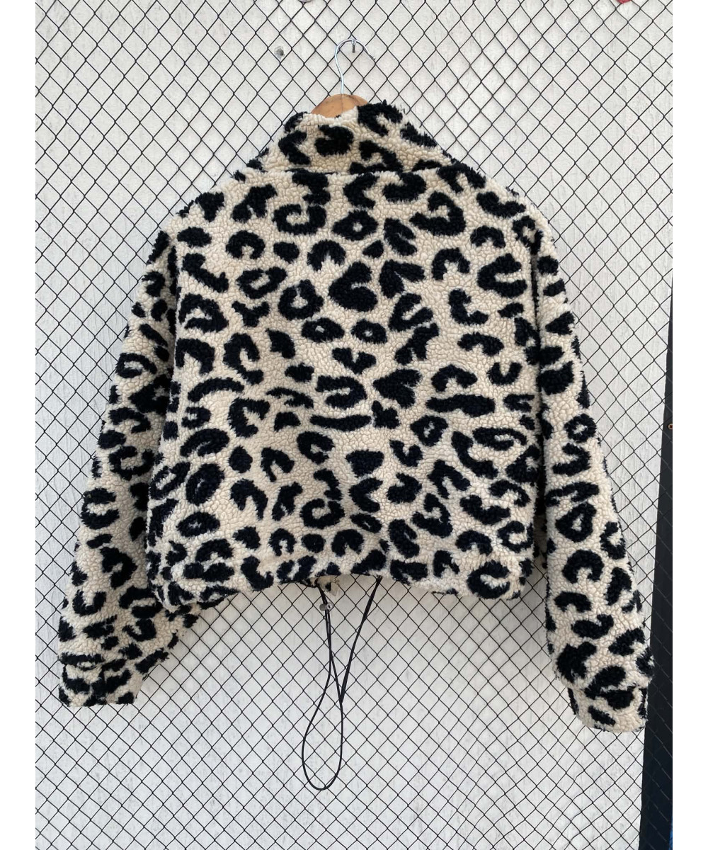 Leopard printed, teddy, crop, zipper jacket