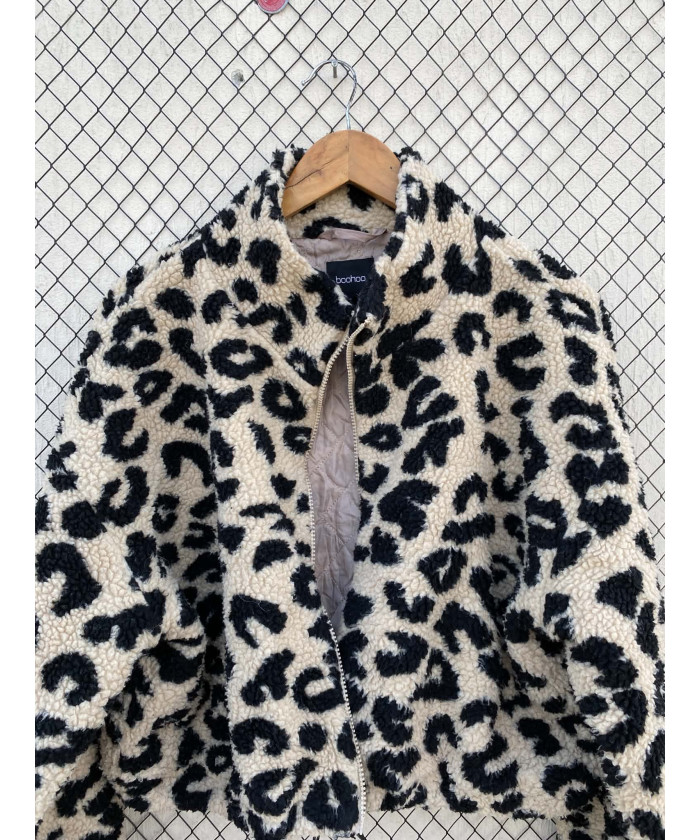 Leopard printed, teddy, crop, zipper jacket