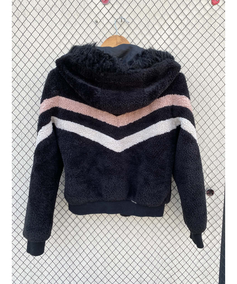 Black, faux fur, hooded, zipper jacket