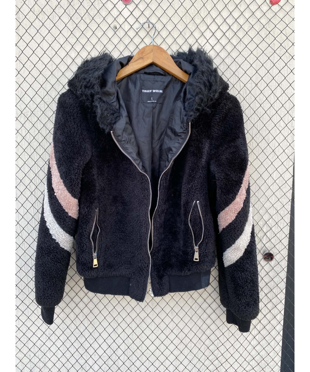 Black, faux fur, hooded, zipper jacket