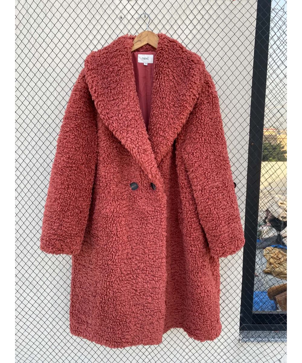 Coral red-colored, long, teddy coat