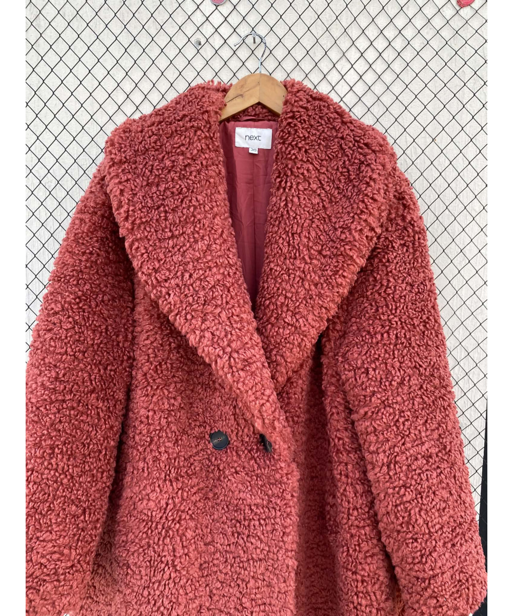 Coral red-colored, long, teddy coat