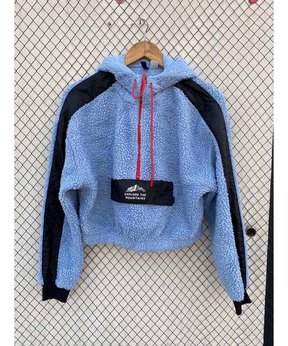 Blue, teddy, crop, hooded pullover