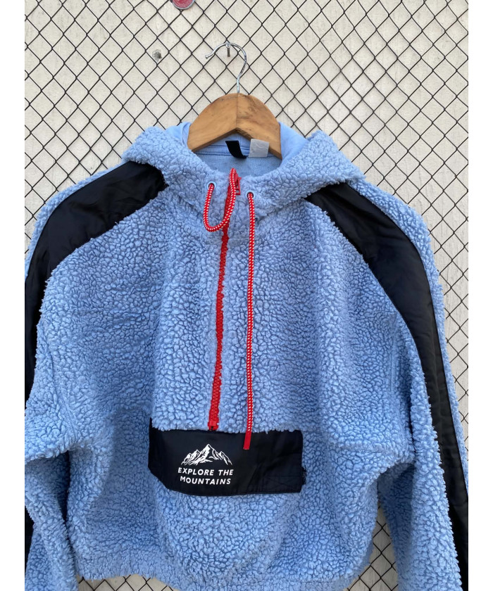 Blue, teddy, crop, hooded pullover
