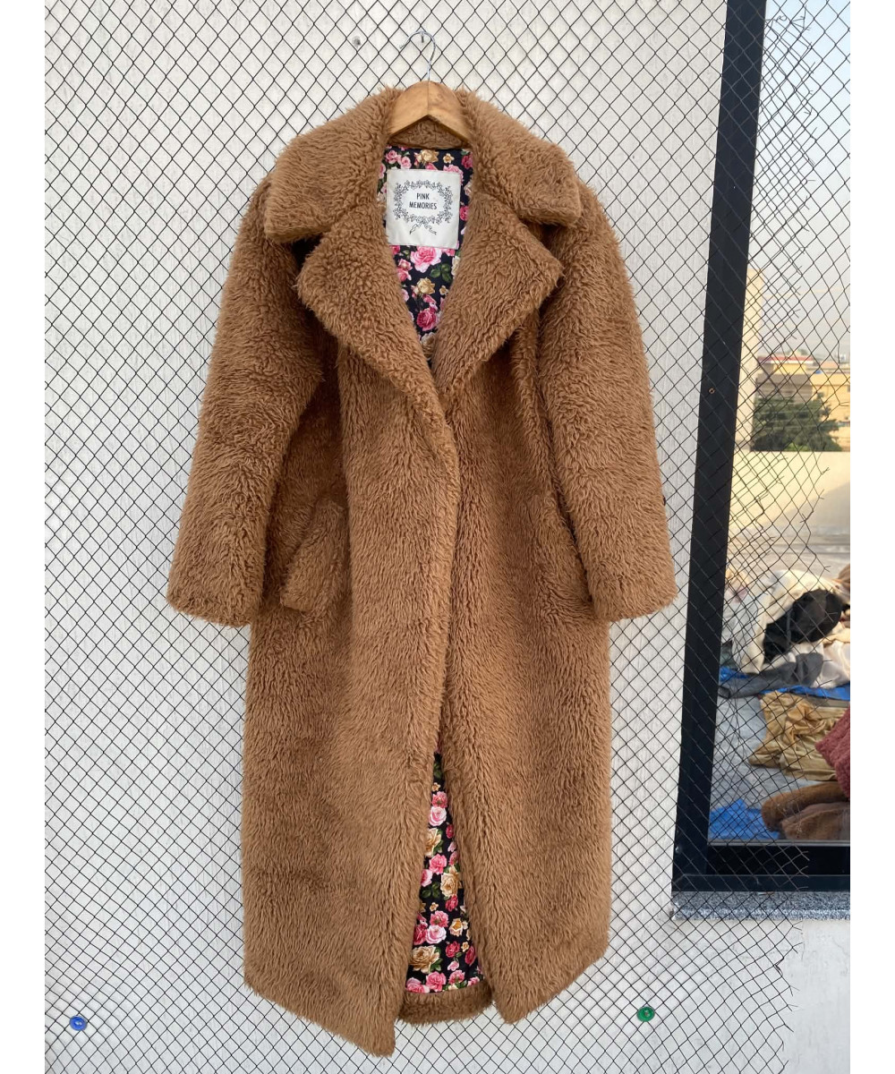 Rust brown-colored, long, faux fur coat