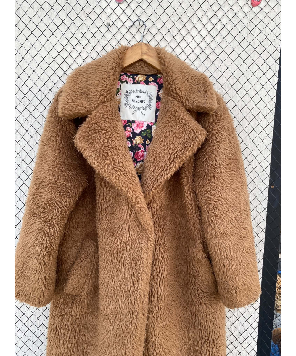 Rust brown-colored, long, faux fur coat