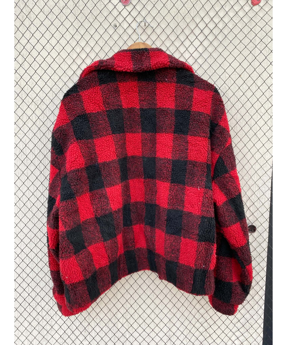 Red, checkered, teddy, zipper jacket