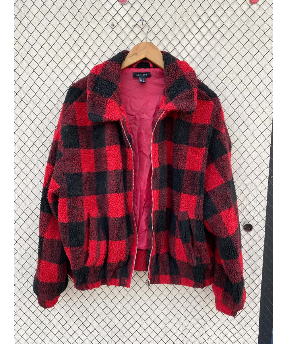 Red, checkered, teddy, zipper jacket