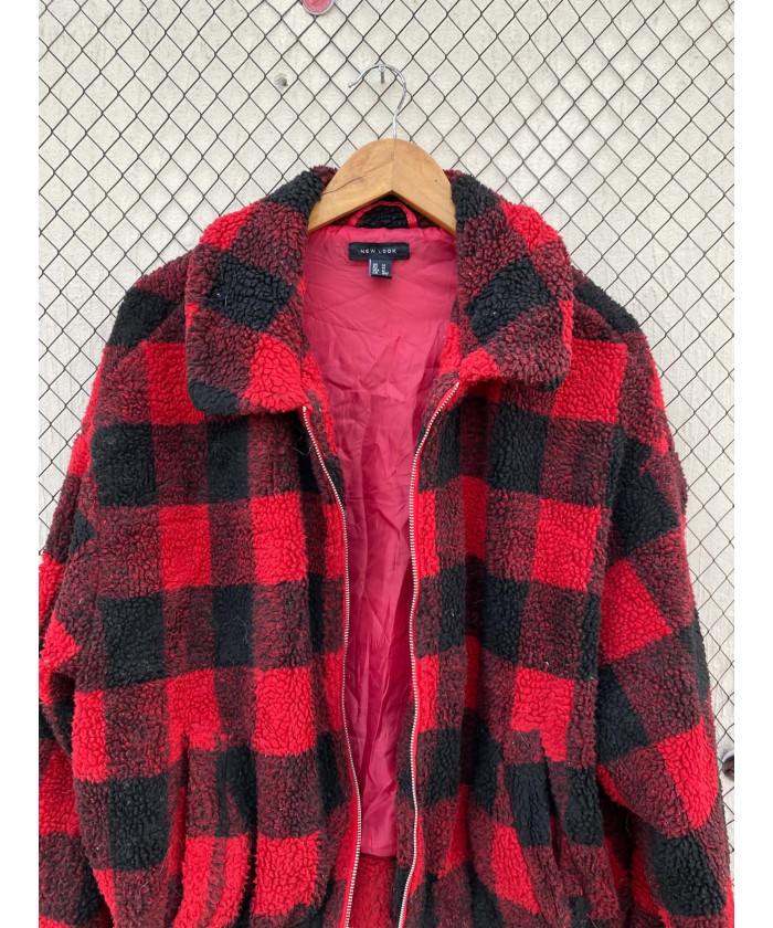 Red, checkered, teddy, zipper jacket