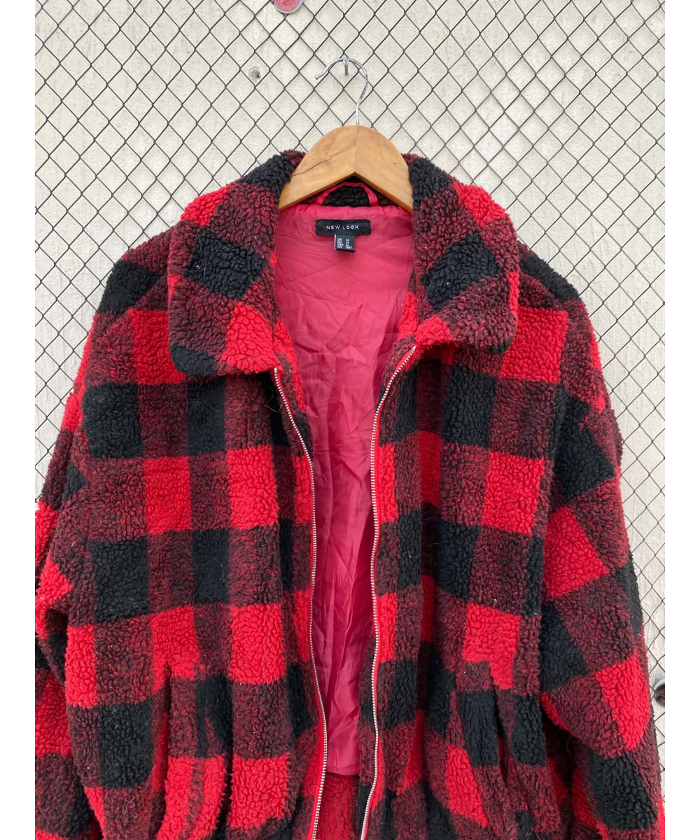 Red, checkered, teddy, zipper jacket