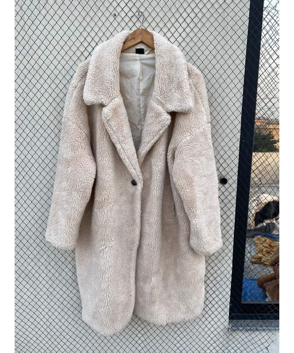 Off-white colored, long, teddy coat