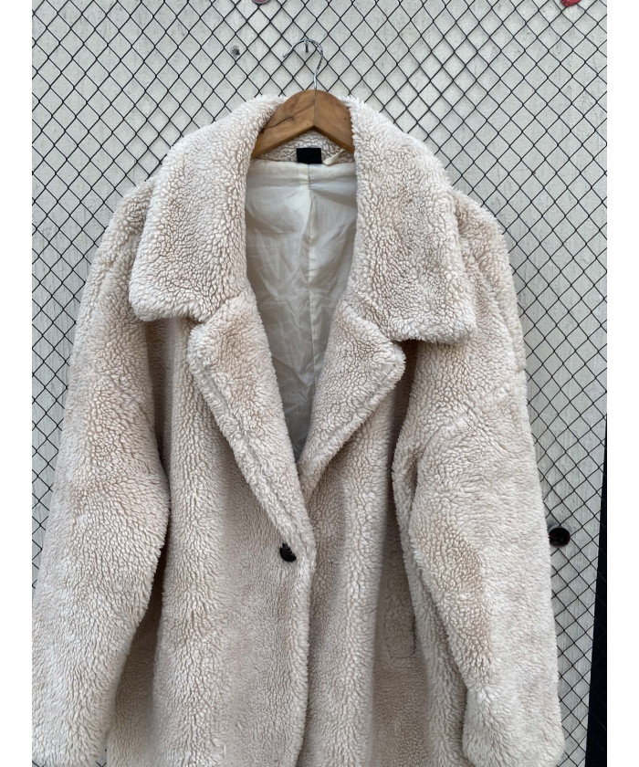 Off-white colored, long, teddy coat