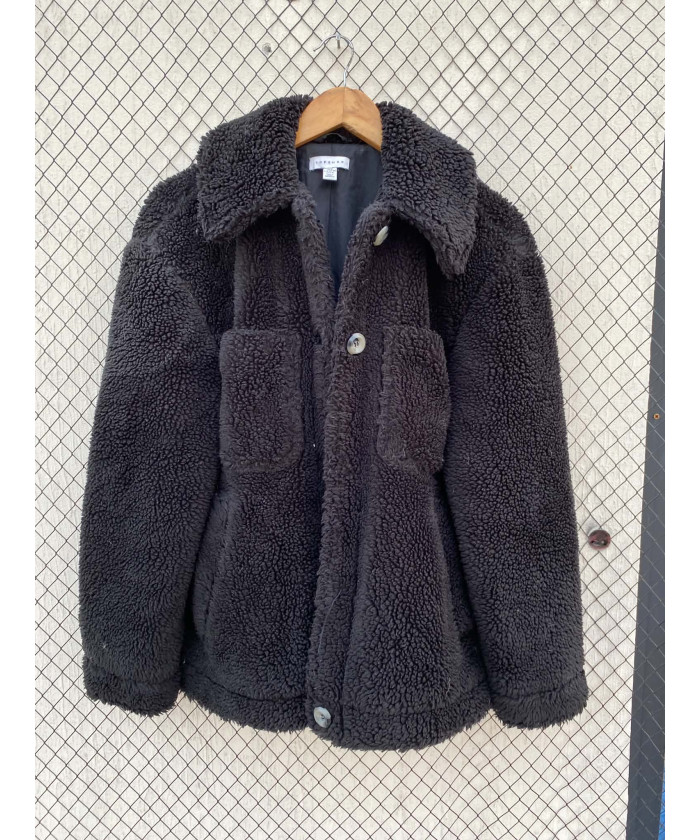 Black, teddy, button-up jacket