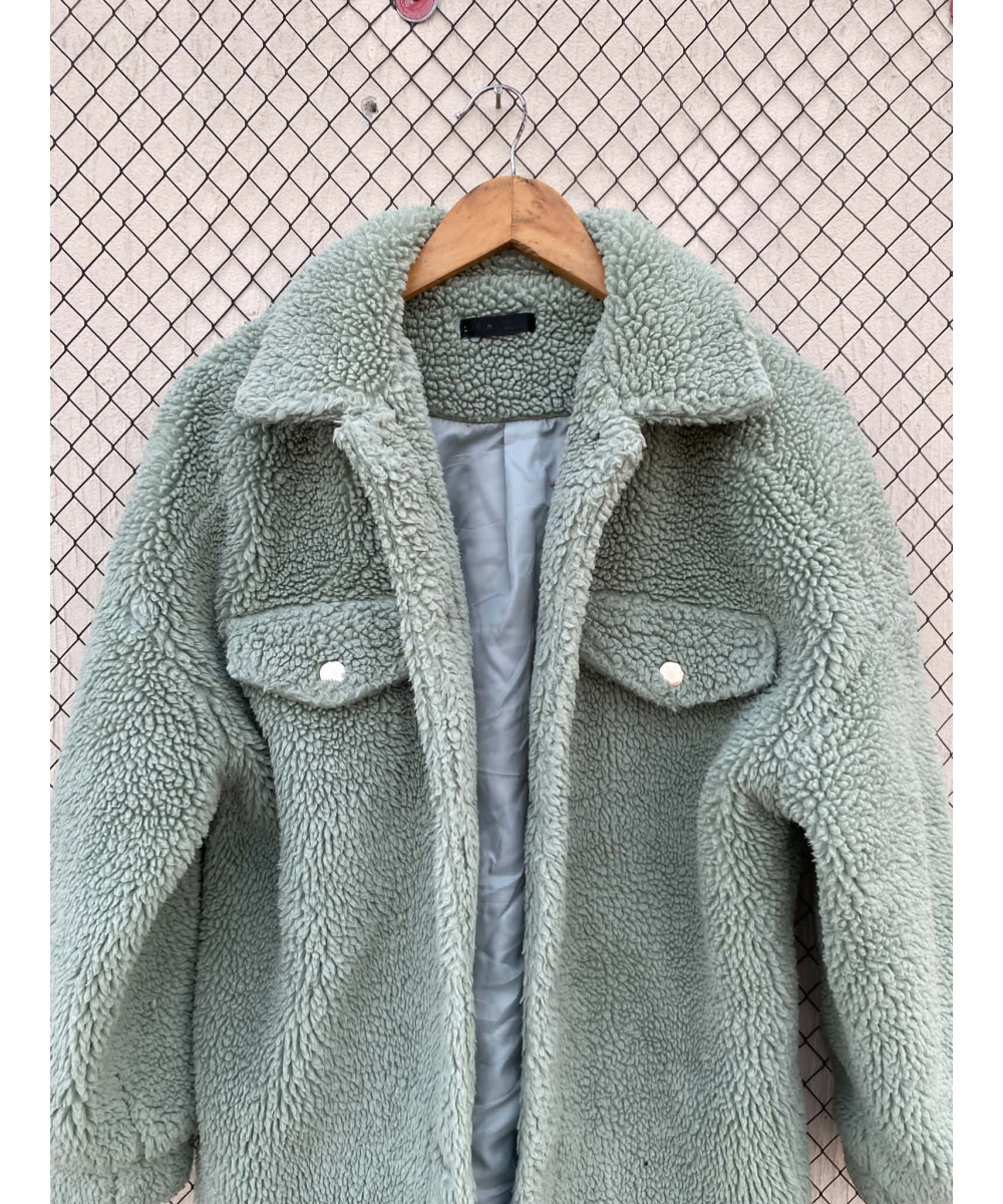Sage green-colored, teddy, button-up jacket
