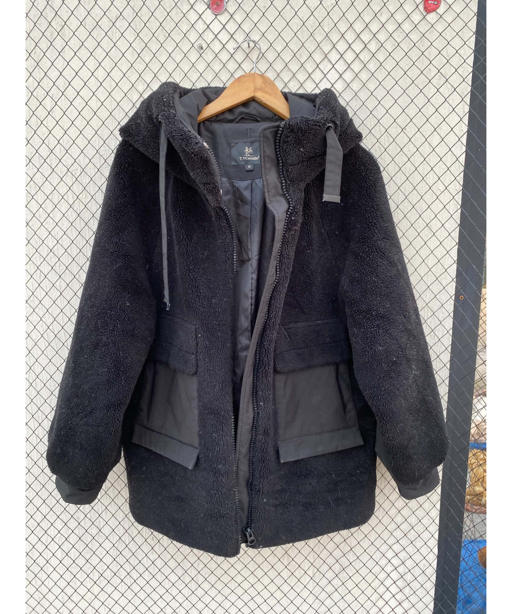 Black, teddy, puffer, hooded jacket
