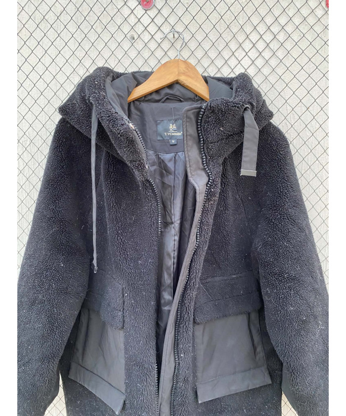 Black, teddy, puffer, hooded jacket