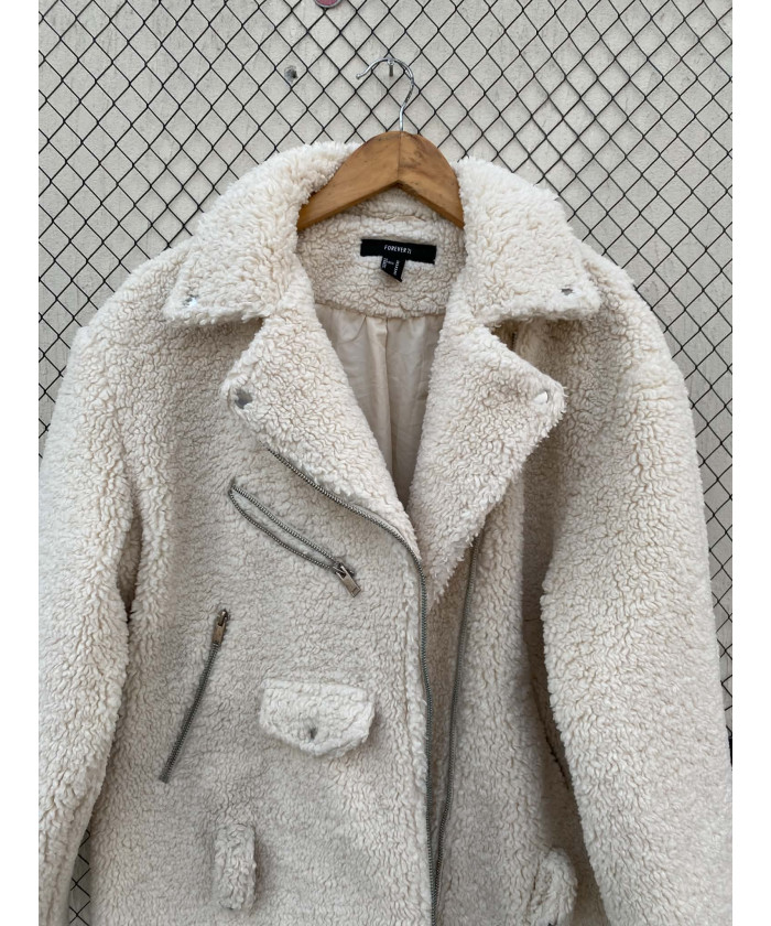 Off-white colored, teddy, bikers style jacket