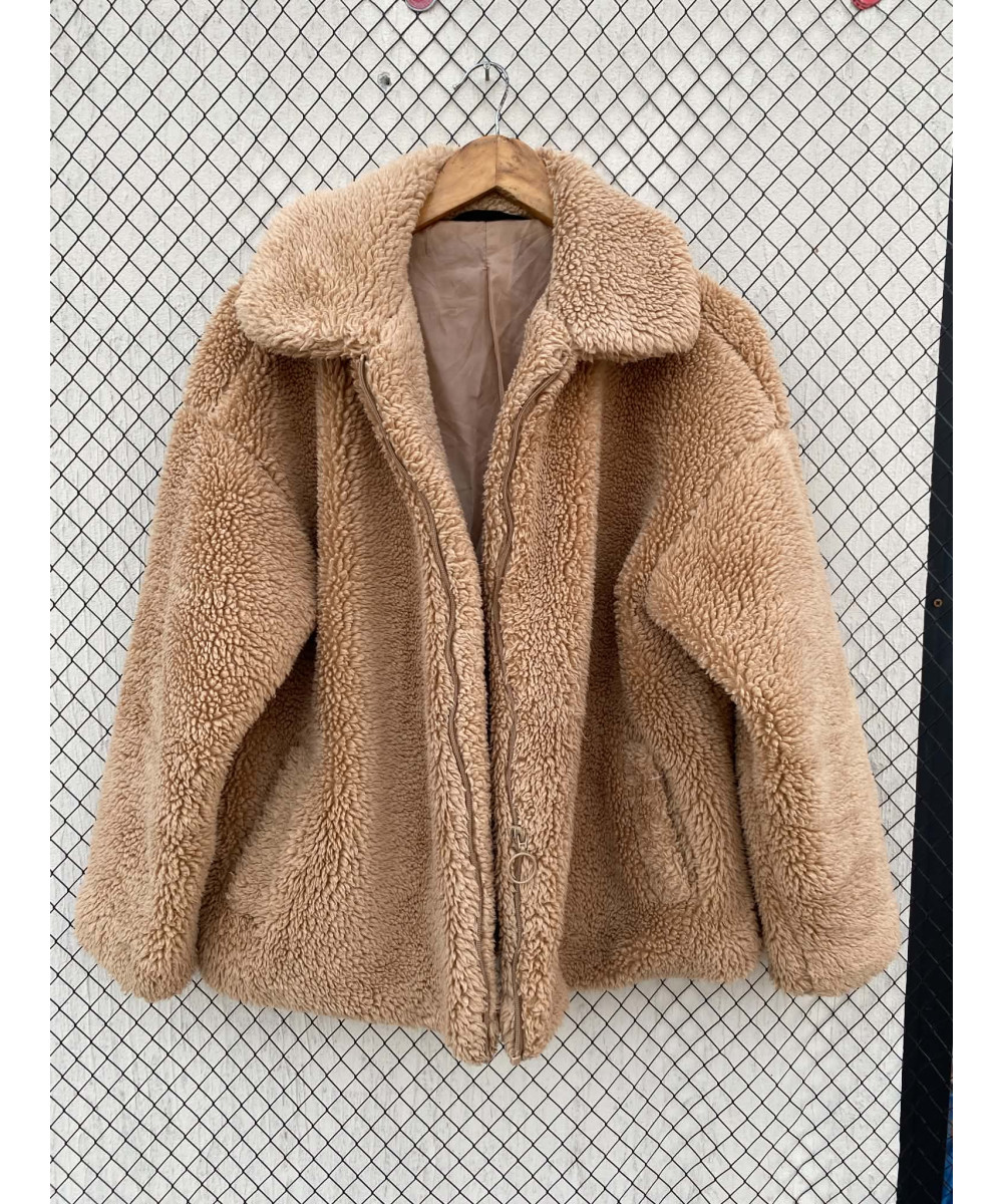 Amber brown-colored, teddy, zipper jacket