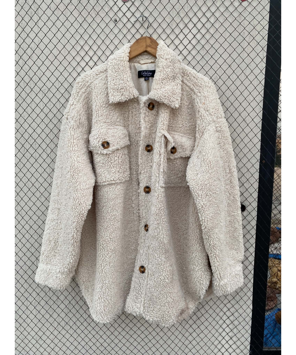 Cream-colored, teddy, button-up jacket