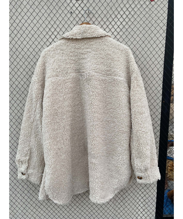 Cream-colored, teddy, button-up jacket