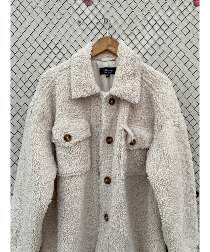 Cream-colored, teddy, button-up jacket