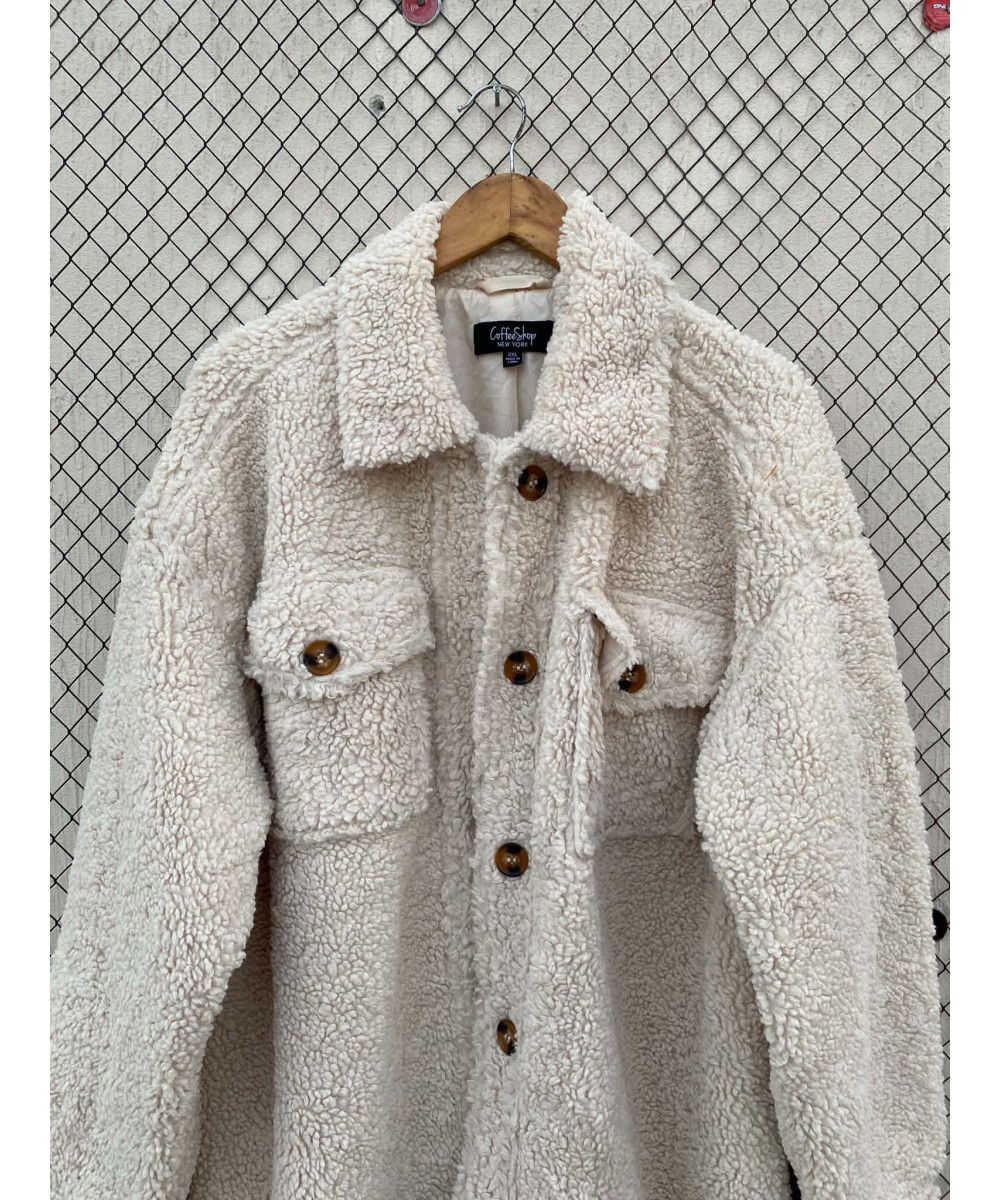 Cream-colored, teddy, button-up jacket