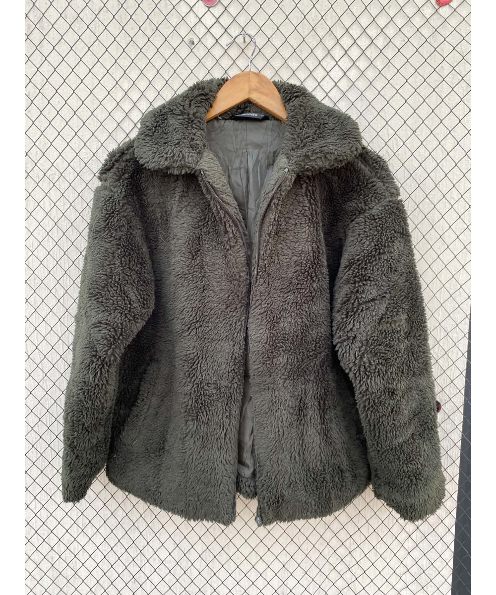 Army green-colored, teddy, zipper jacket