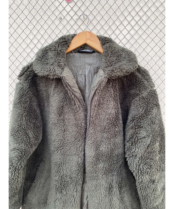Army green-colored, teddy, zipper jacket