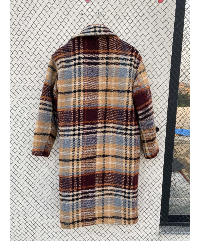 Beige, checkered, wool coat