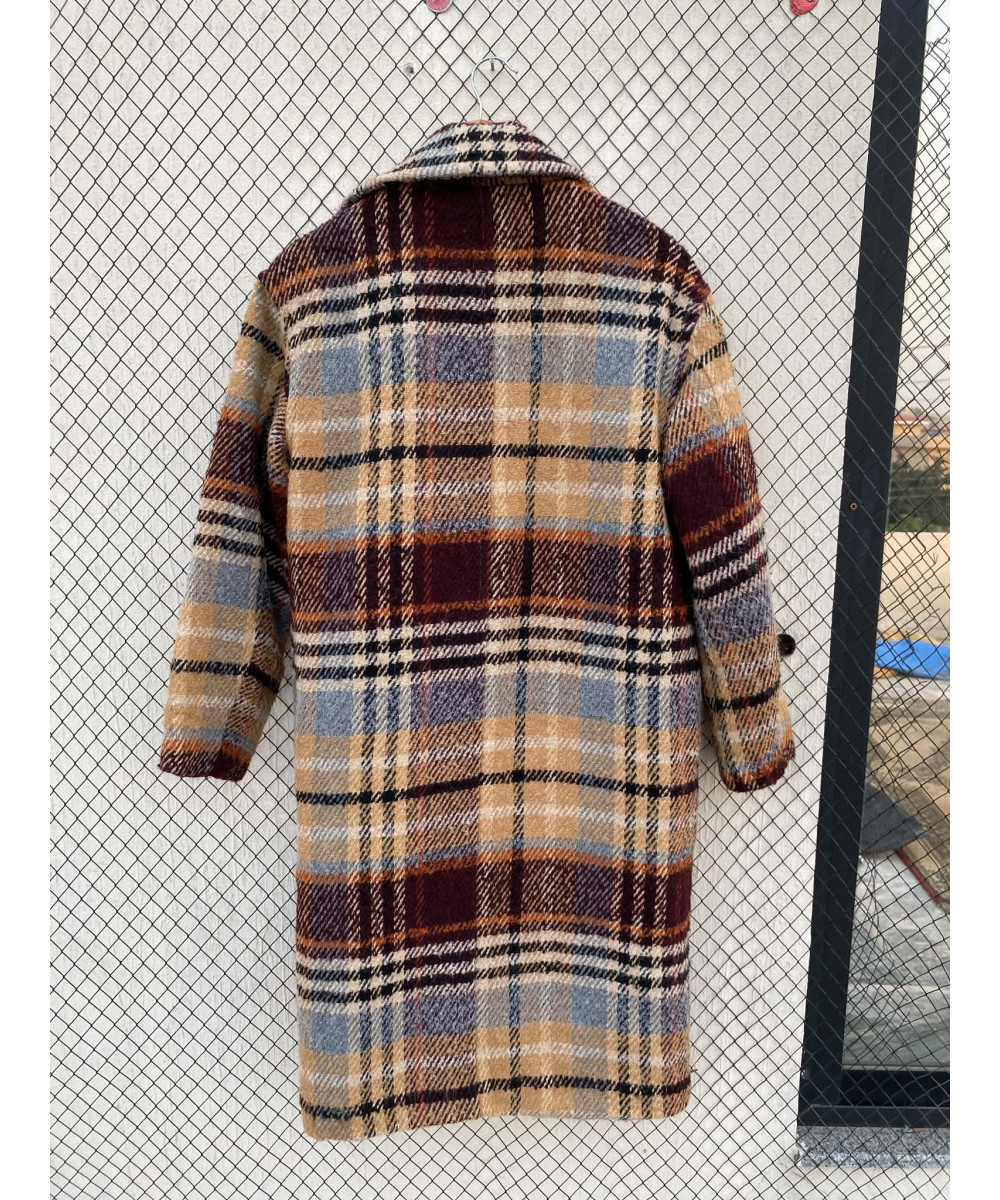 Beige, checkered, wool coat