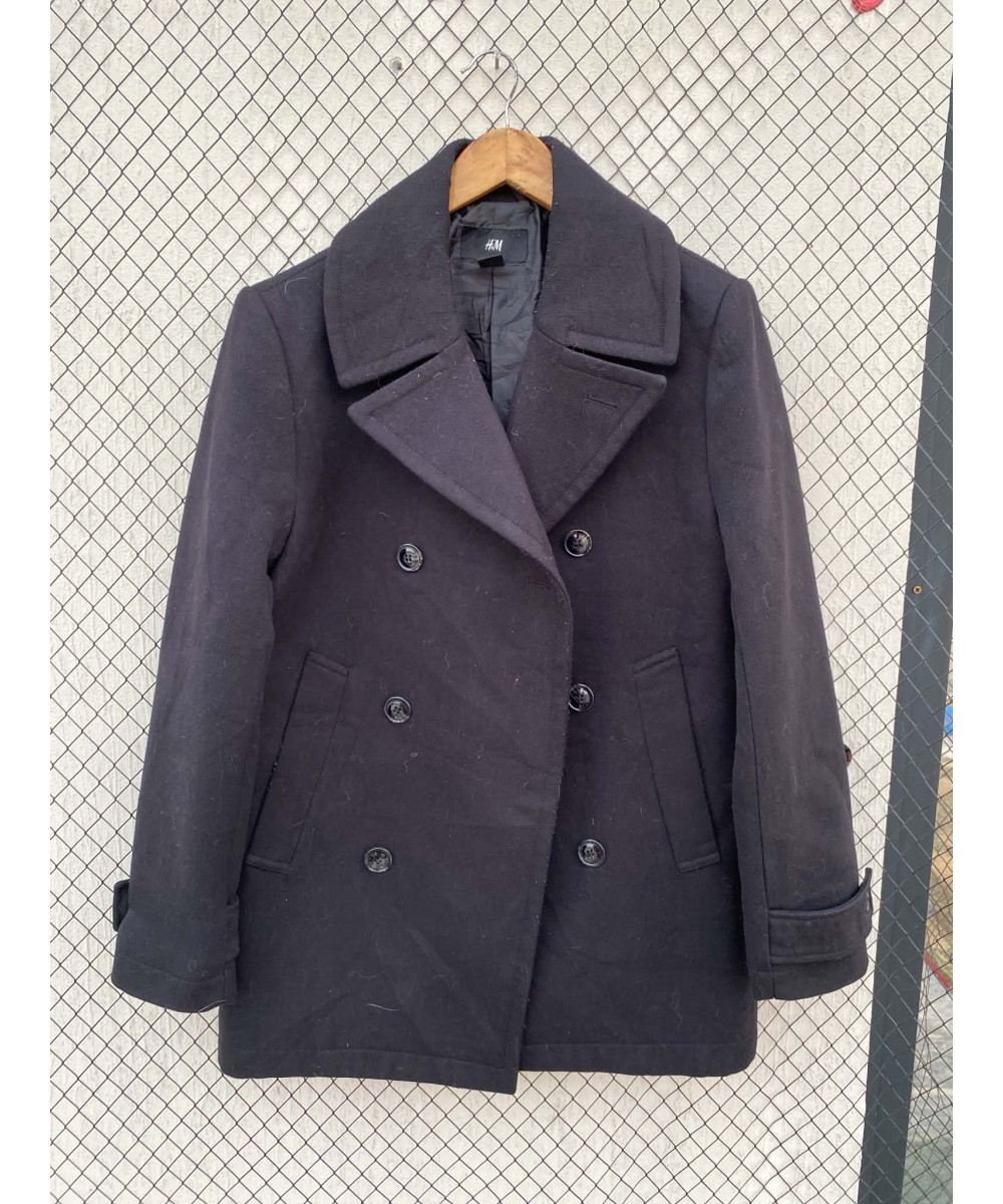 Dull black, double-breasted, wool coat