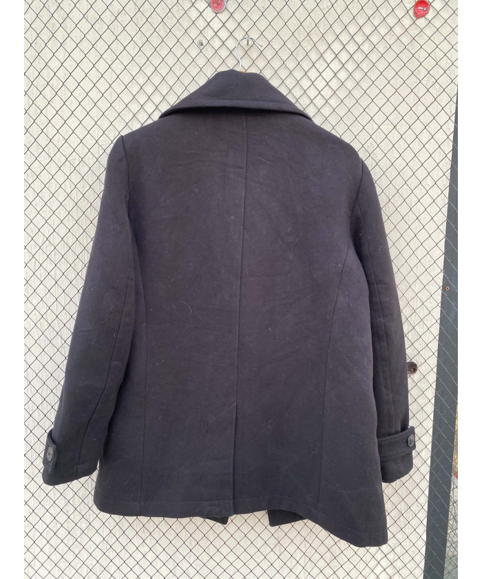 Dull black, double-breasted, wool coat