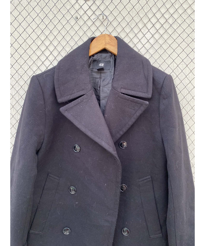 Dull black, double-breasted, wool coat