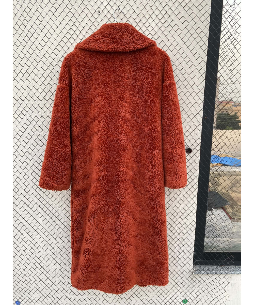 Burnt orange-colored, long, teddy coat