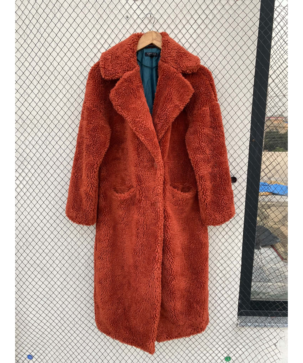 Burnt orange-colored, long, teddy coat