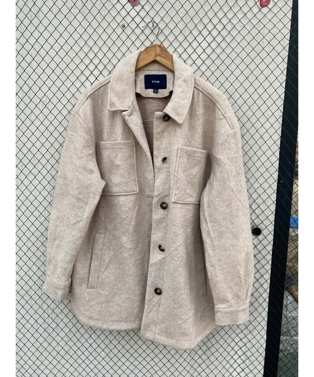 Beige, wool, button-up shacket
