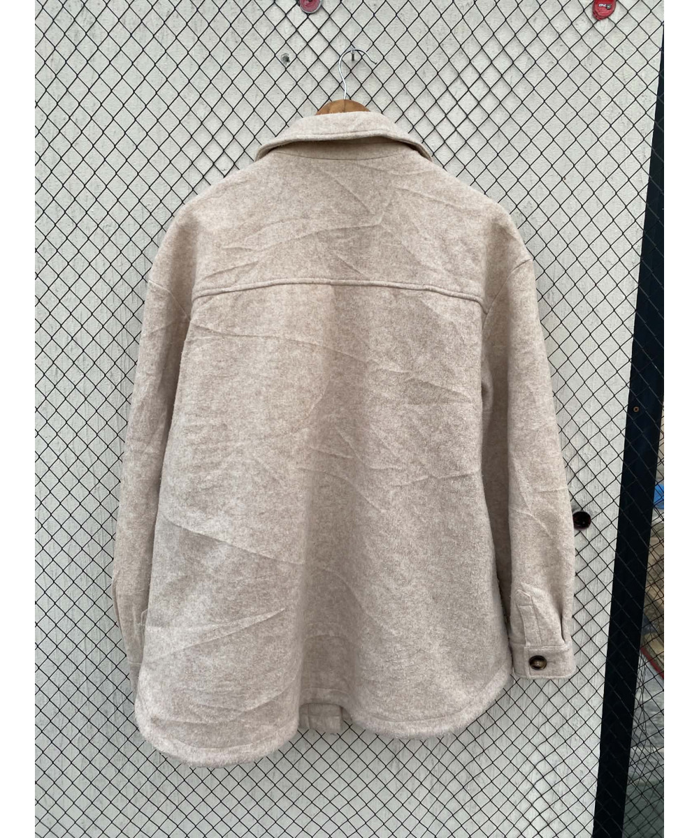 Beige, wool, button-up shacket