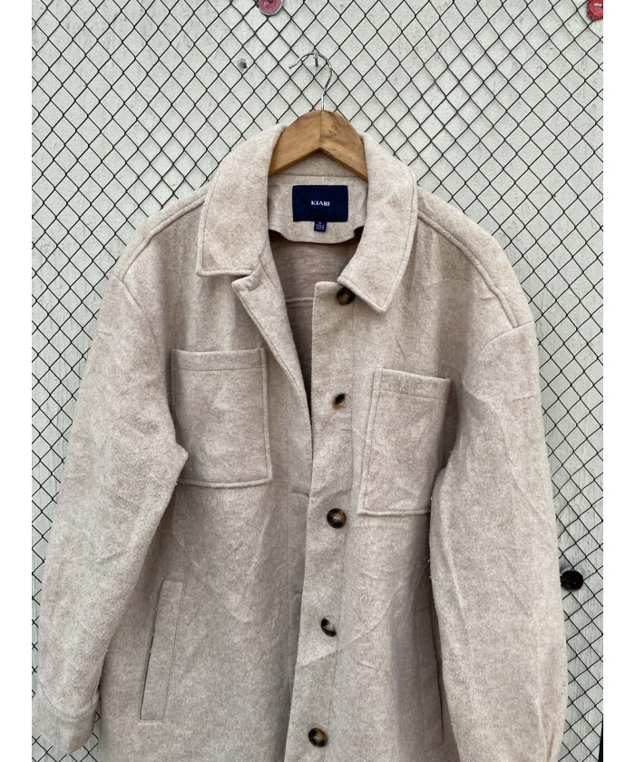 Beige, wool, button-up shacket