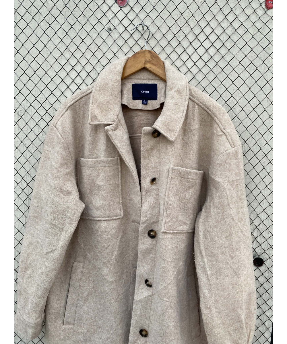 Beige, wool, button-up shacket