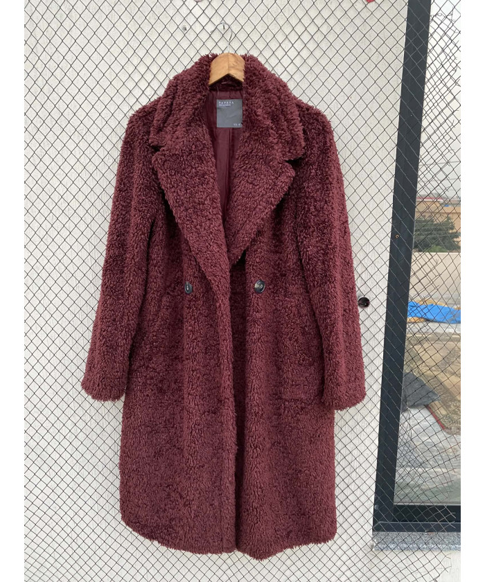 Burgundy colored, long, fur...