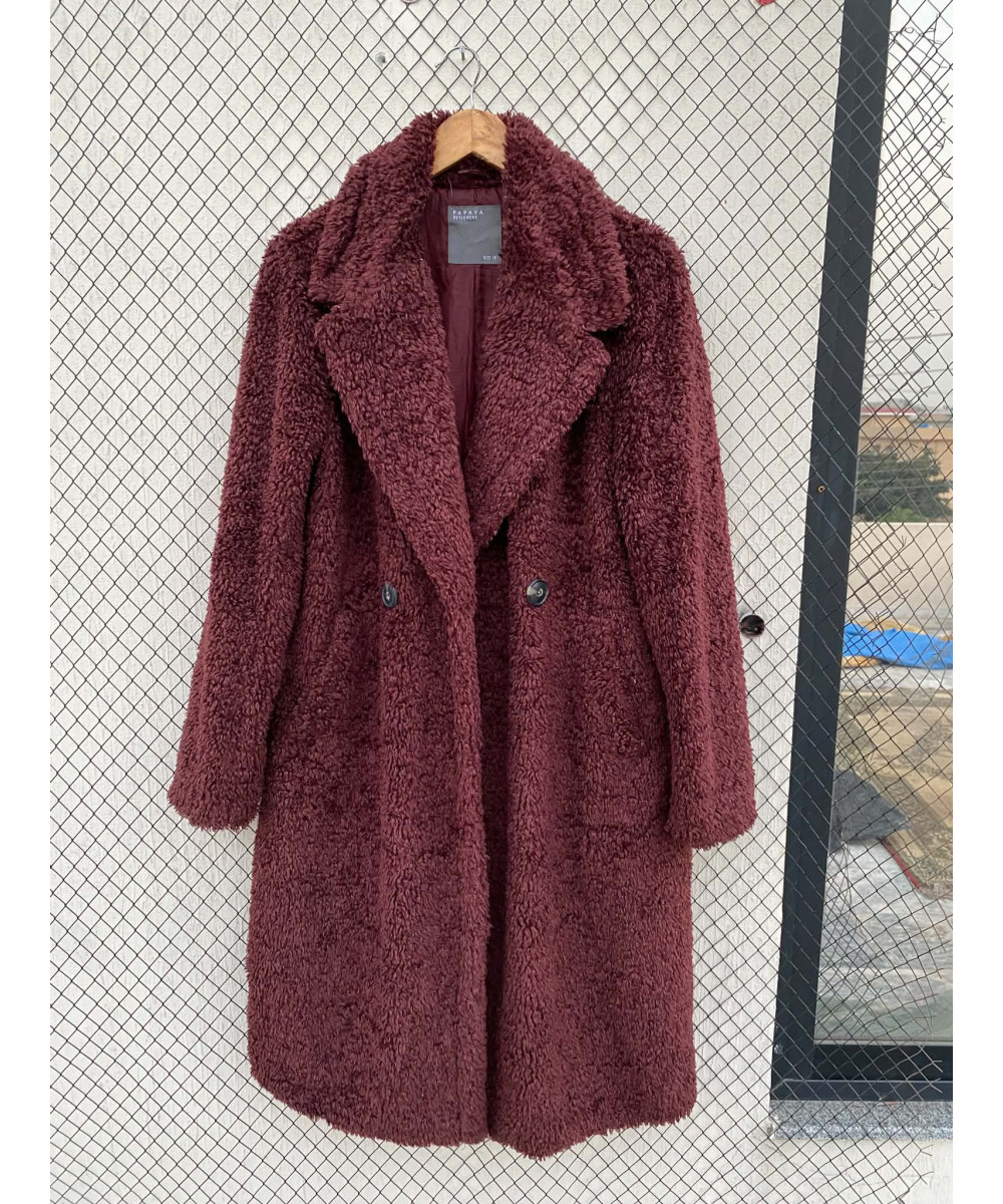 Burgundy colored, long, fur coat