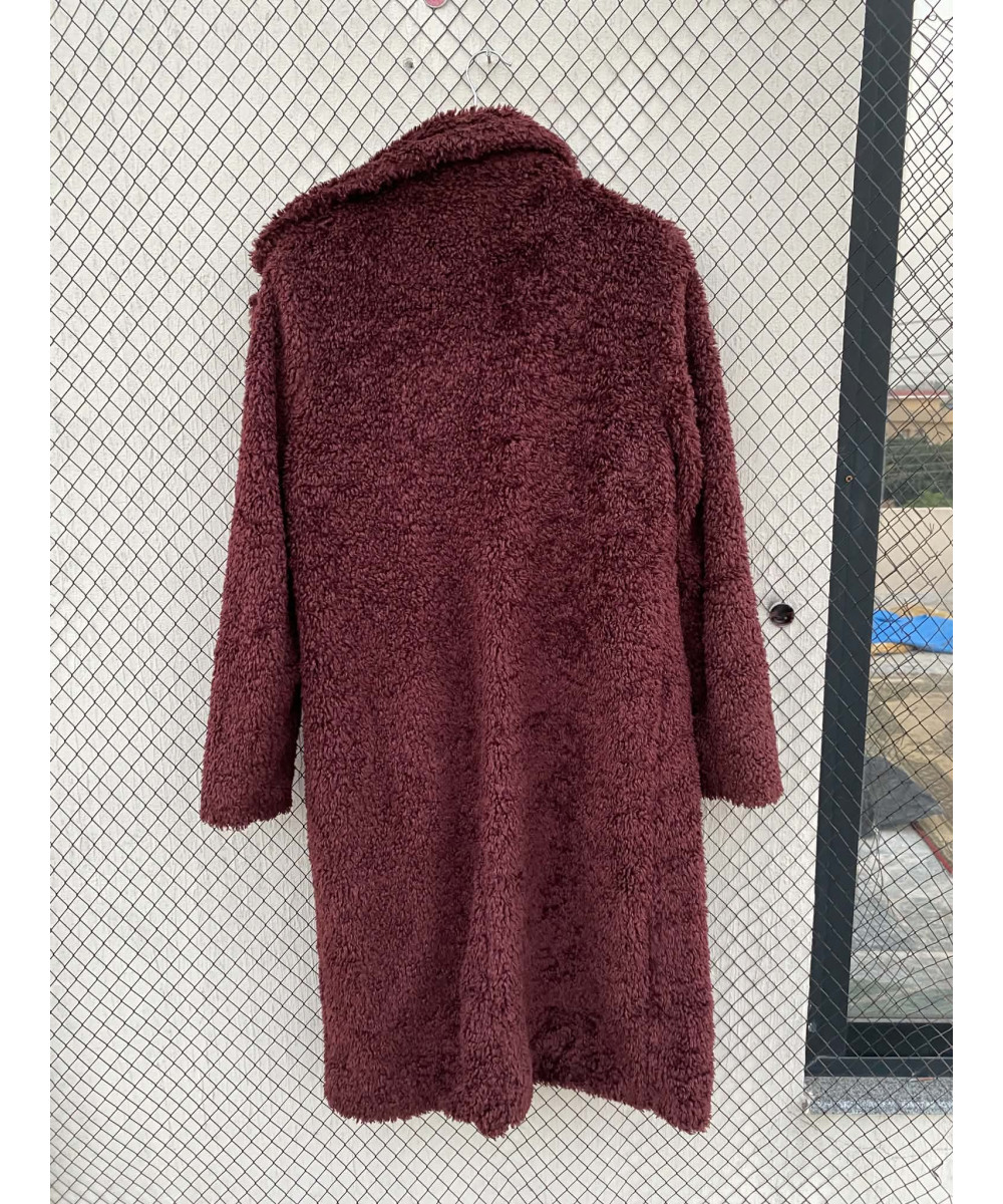 Burgundy colored, long, fur coat