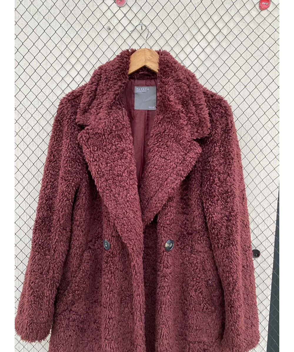 Burgundy colored, long, fur coat