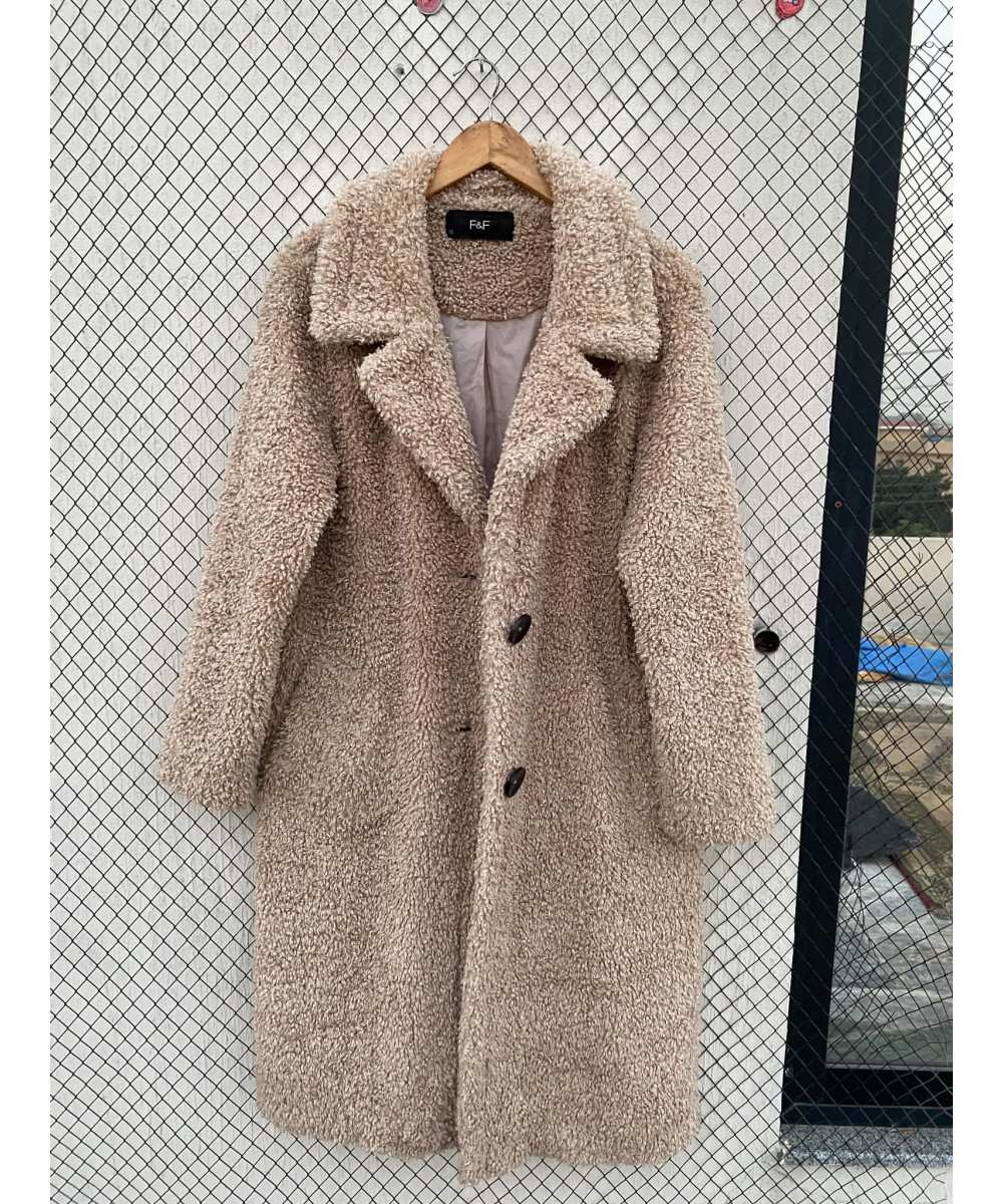 Camel-colored, long, teddy coat