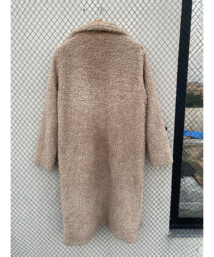 Camel-colored, long, teddy coat