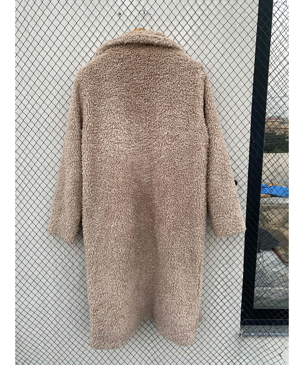 Camel-colored, long, teddy coat