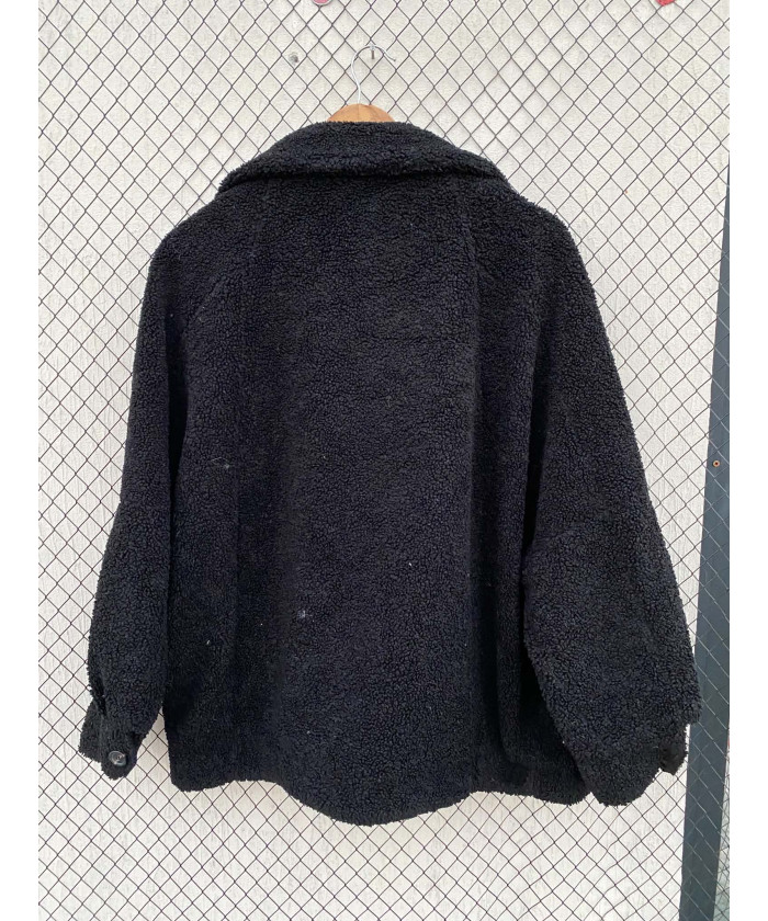 Black, teddy, oversized, button-up jacket