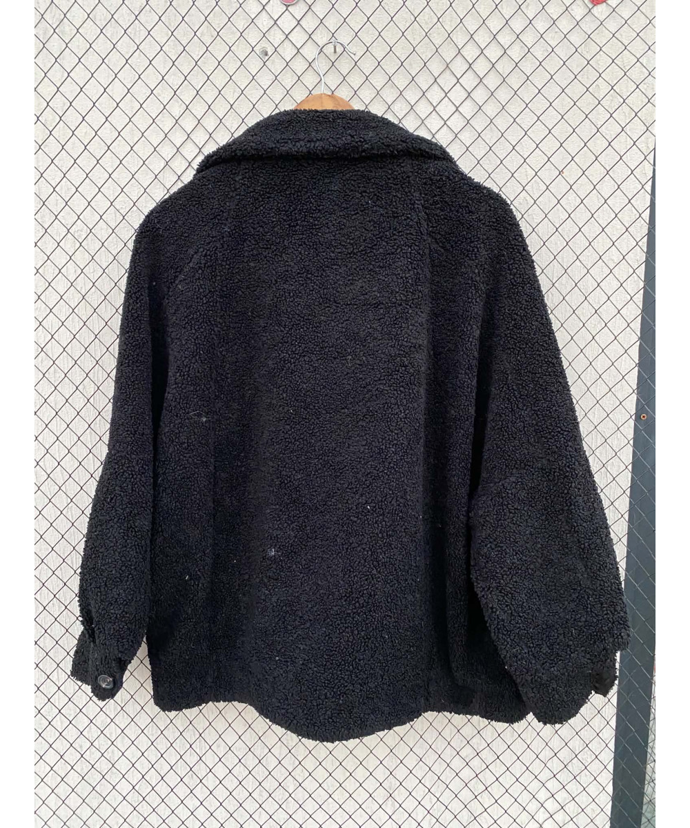 Black, teddy, oversized, button-up jacket