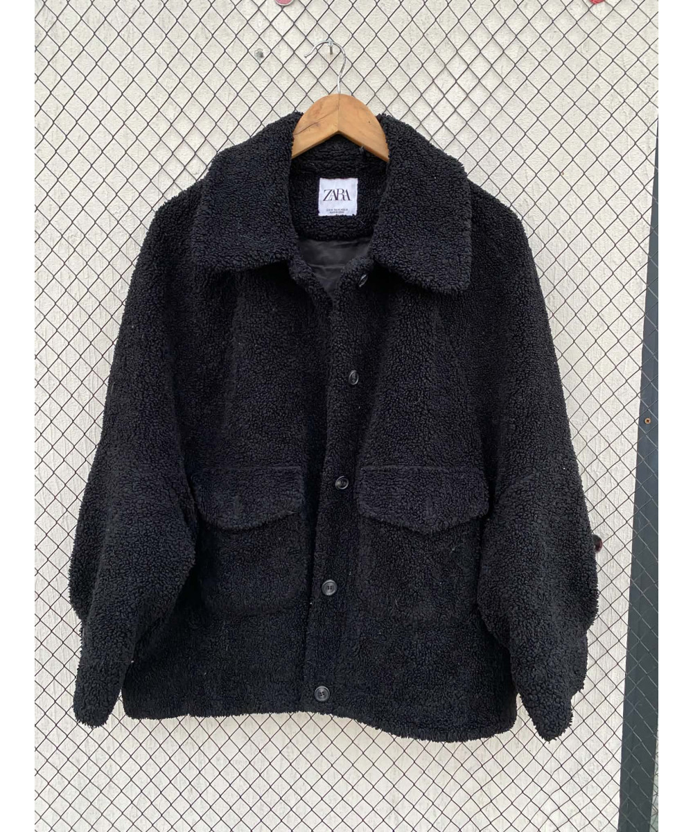 Black, teddy, oversized, button-up jacket